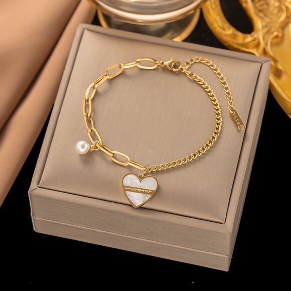 3/$35 18K Gold Plated Stainless Steel Heart Love Pearl Link Chain Bracelet - Picture 1 of 5